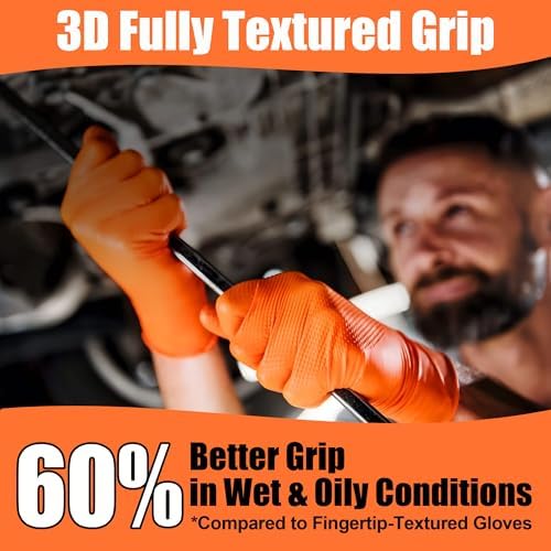 TREEGO 10 Mil Heavy Duty Orange Nitrile Mechanic Gloves, 50 Count XL