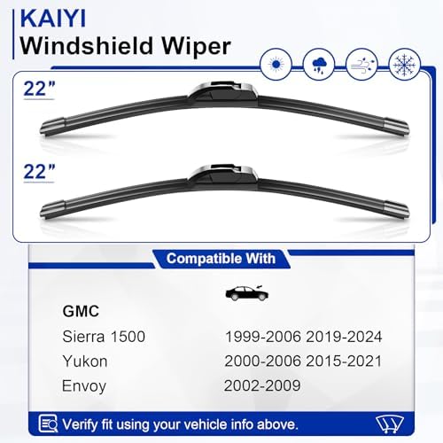 KAIYI 22" + 22" Windshield Wipers Compatible with GMC Sierra 1500 1999-2006 2019-2024,Yukon 2000-2006 2015-2021,Envoy 2002-2009 Premium Automotive Replacement Windshield Wiper Blades 2 Pack