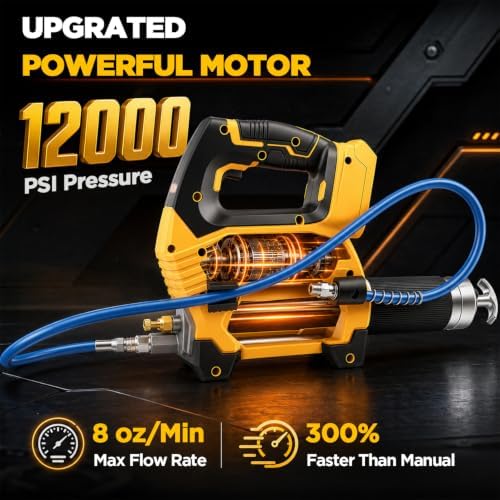 Cordless Grease Gun Compatible with DeWalt 20V Battery, 12000PSI High-Pressure, One-Hand Operation in-Line Grip, 39.4" Hose & 4 Couplers, Electric Grease Gun with LED (Tool Only)