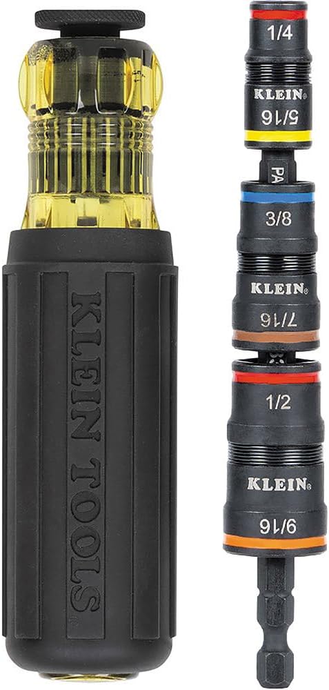 Klein Tools 66070 Impact Socket Set - 5 Sockets & 32910 Impact Driver, 7-in-1 Flip Socket Set with Handle, 6 Hex Driver Sizes plus a 1/4-Inch Bit Holder