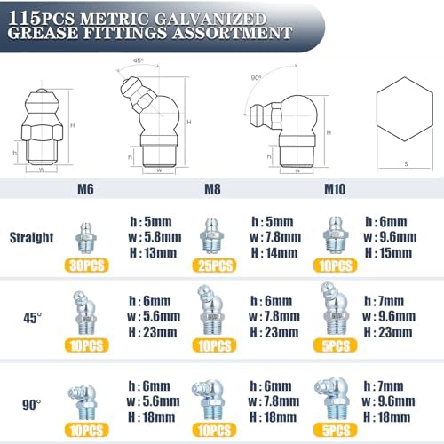 115PCS Metric Grease Fittings Assortment, M6 M8 M10 Straight & Angled(45,90 Degree) Grease Zerk Fittings Kit for Mechanical Lubrication