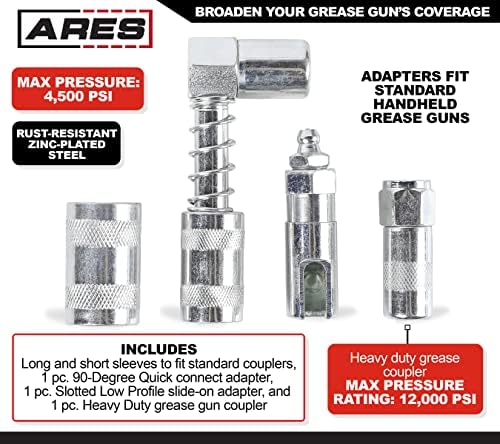 ARES 54018 – 3-Piece Grease Gun 90-Degree Adapter and Coupler Set – Includes 90-Degree Quick Connect and Quick Connect Slide-On Style Adapters – Plus Bonus Heavy Duty Grease Coupler