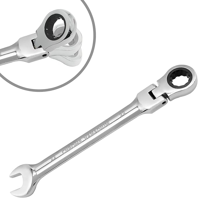 22mm Flex Head Ratchet Wrench, 12 Point Chrome Vanadium Steel Combination Spanner with 72 Tooth Ratcheting Gear, Metric Industrial Grade Tool for Automotive and Mechanical Maintenance