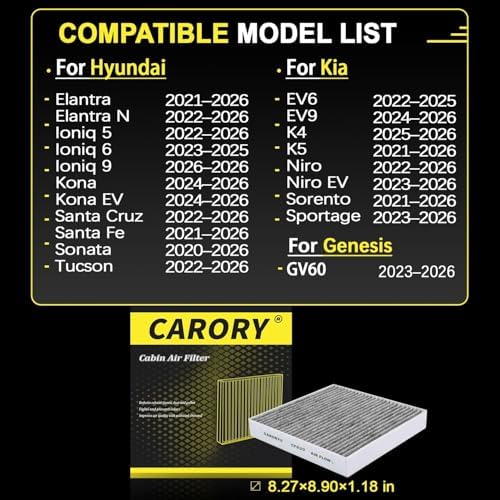 Cabin Air Filter w/Activated Carbon for Hyundai, Kia, Genesis - Tucson, Elantra, Santa Fe, Santa Cruz, Sportage, Sorento, Sonata, Ioniq 5, Ioniq 6, K5, Elantra N, Niro, EV6, EV9, GV60, CF820