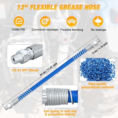 GOOACC Grease Gun Coupler Set 12000 PSI Quick Release and Locking Grease Gun Tips & 12" Spring Flex Hose, Compatible with 1/8" NPT Grease Guns Fitting Single Handle Grease Coupler for Easy Lubrication