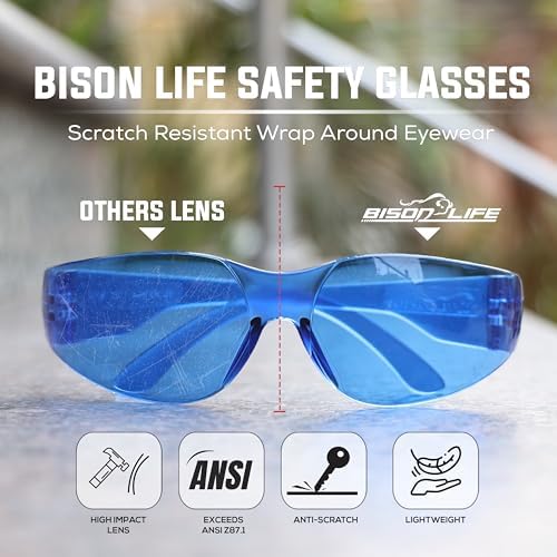 BISON LIFE Blue Safety Glasses for Men & Women, ANSI Z87.1, 6 Pack
