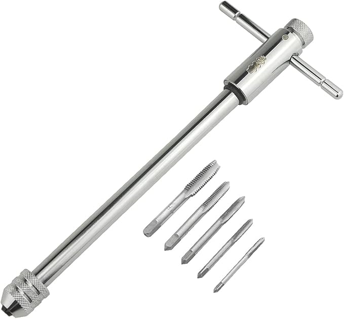 XINGYHENG Adjustable Ratchet Wheel Hand Tap Wrench holder Reversible Bothway T-Handle Manual Tapping Ratcheting Wrench 248mm with 5pcs M3 M4 M5 M6 M8 Machine Screw Thread Metric Plug T-shaped Tap