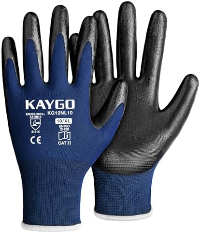 KAYGO Work Gloves for Men and Women, Black Nitrile Coated,KG12N,12Pairs