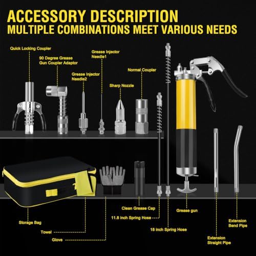 Grease Gun Kit 7000 PSI 14oz with Dual Hoses and 90° Adapter