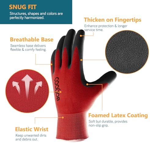 COOLJOB 6 Pairs Gardening Gloves for Men, Breathable Rubber Coated, Xlarge