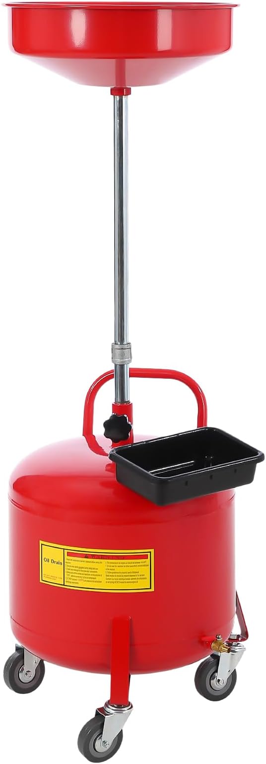 20 Gallon Oil Drain Tank, Fluid Fuel Transfer Tank, Portable Oil Drain Container, Air Operated Drainer with Wheels and a Toolbox, Adjustable Funnel Height (8 Gallon-Red)