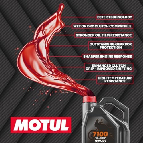 Motul 7100 4T 10W-60 100% Synthetic Ester Motorcycle Oil - JASO MA2 API SP Wet Clutch Compatible for Indian Moto Guzzi MV Agusta High-Performance Engines - 4 L