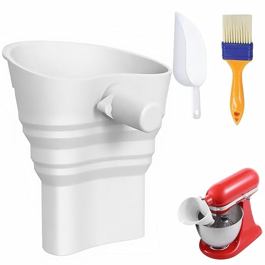 2026 Upgraded No-Mess Flour Funnel for KitchenAid Stand Mixer with Scoop and Cleaning Brush, Foldable Silicone Pouring Chute for 4.5-5 Qt Tilt-Head KSM150 Artisan, Splash-Proof Set, Dishwasher Safe