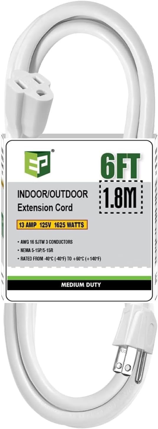 EP 6 Ft Outdoor Extension Cord - 16/3 SJTW White Electrical Cable with 3 Prong Grounded Plug, UL Listed