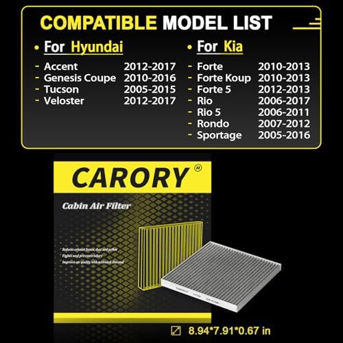 CARORY Cabin Air Filter w/Activated Carbon for 2012-2017 Hyundai Accent, 2005-2015 Tucson, 2012-2017 Veloster, 2010-2013 Kia Forte, 2006-2017 Rio, 2005-2016 Sportage, and more, CF709