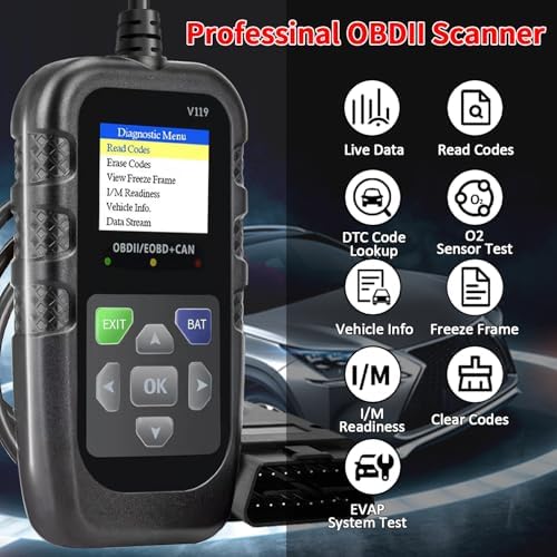 Car OBD2 Scanner Diagnostic Tool, Code Reader, Voltage Tester, Check Engine Light Fault Code, OBD2/EOBD for OBDII Protocol Car & Truck Since 1996+
