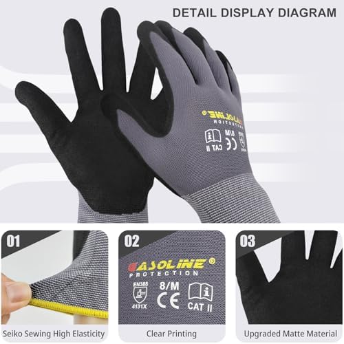 Gasoline 12 Pairs MicroFoam Nitrile Work Gloves, Touchscreen Breathable Safety Gloves for Warehouse, Mechanic, Sizes S-XXL