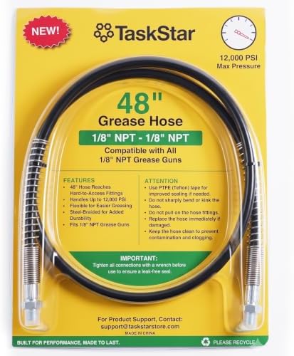 TaskStar Grease Gun Hose, 48-Inch 12000 PSI for All 1/8” NPT Grease Guns