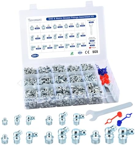320 PCS SAE & Metric Grease Fittings Kit - Hydraulic Zerk Assortment 1/4" 1/8" M6 M8 M10 with Straight, 45°, and 90° Degree Heads for Automotive and Industrial Use, Galvanized Steel Set