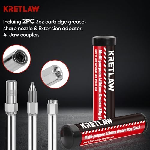KRETLAW Mini Grease Gun (3000PSI) with Double 3oz Cartridge Grease and 12'' Flex Hose, Reinforced Coupler for Automotive, Red
