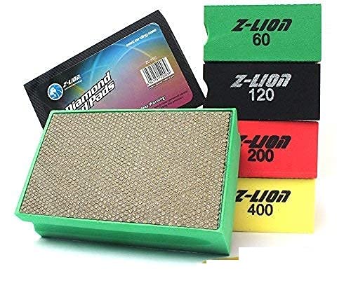 Z-Lion Diamond Hand Polishing Pads Electroplated Sanding Blocks Kit 4 Pcs Set Professional for Glass Stone Marble Tile Concrete 60#,120#,200#,400#