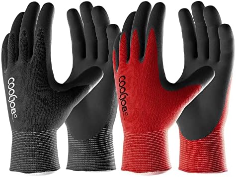 COOLJOB Gardening Gloves for Men, 6 Pairs Breathable Rubber Coated for Garden Weeding Landscaping, Outside Work for Lawn Yard, Men's Medium Size, Black & Red