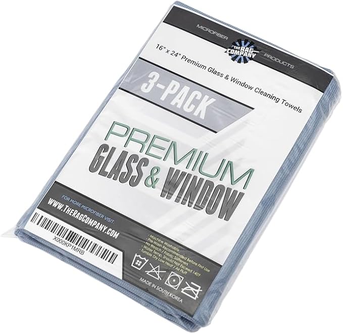 The Rag Company - Premium Window, Glass, Mirror & Chrome Detailing Towels - Professional Korean 70/30 Microfiber Blend, Lint-Free, Streak-Free, 350gsm, 16in. x 24in, Light Blue (3-Pack)