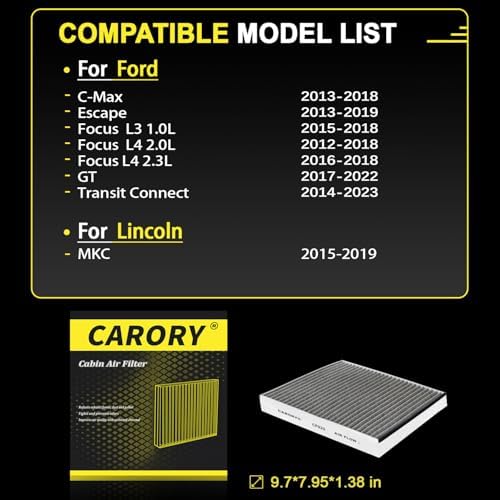 Cabin Air Filter w/Activated Carbon for Select 2013-2023 Ford, Lincoln Models - C-Max, Escape, Focus, Transit Connect, MKC, CV6Z-19N619A, FP-70, 2014 2015 2016 2017 2018 2019 2020 2021, CF921