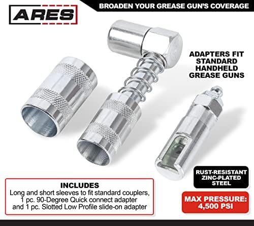 ARES 54017 – 2-Piece Grease Gun 90-Degree Adapter Set – Includes Quick Connect Coupler Style and Quick Connect Slide-On Style Adapters