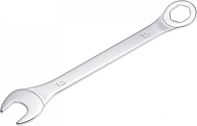 uxcell Thin Combination Wrench with Offset 6-Point End and Angled Open End, Metric Mirror-Chrome Plated High Carbon Steel, for Household Repairs, 15mm