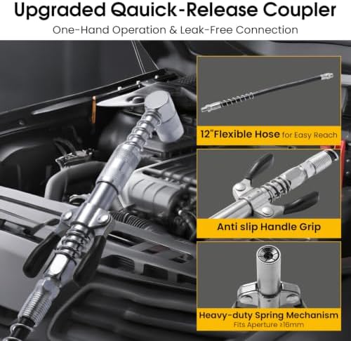 10PCS Grease Gun Accessory Kit, Universal 1/8 NPT Coupler with 12 Inch Hose, Fine & Coarse Needles, 90 Degree Adapter, Dispenser Tip for Automotive Industrial Lubrication