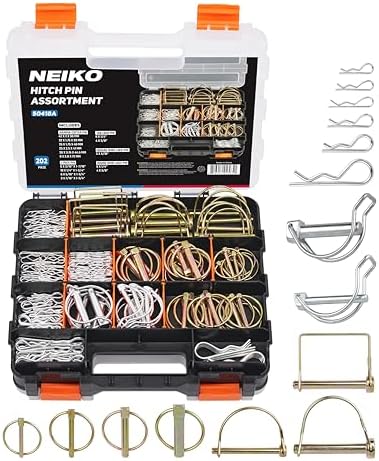 Neiko 50418A Trailer Hitch Pin Clip Set, 202 Pc O-Ring Locking Trailer Pin Clips, Zinc Plated, Steel Square Tractor, Double Line, Linch, PTO and Hairpin Cotter Pins