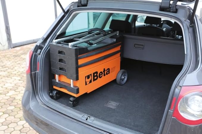 Beta C27S Collapsible Rolling Tool Cart | Heavy-Duty Mobile Metal Tool Trolley with Locking Drawers, 4” Steering Wheels, Brake System | Thermoplastic Worktop | Orange