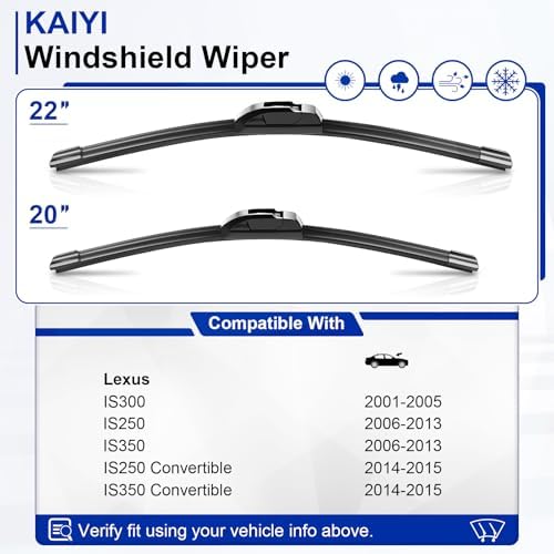 KAIYI 22" + 20" Windshield Wipers Compatible with Lexus IS300 2001-2005,IS250/IS350 2006-2013,IS250/IS350 Convertible 2014-2015 Premium Automotive Replacement Windshield Wiper Blades 2 Pack