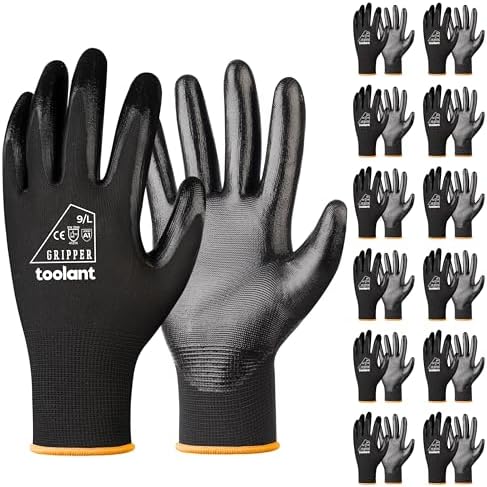 toolant Nitrile Coated Work Gloves, 12 Pairs, Black, Large