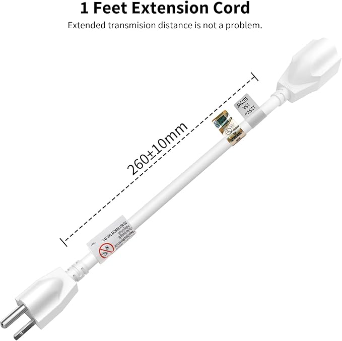 FIRMERST Short Extension Cord 1 Foot 14 Gauge 1875W White