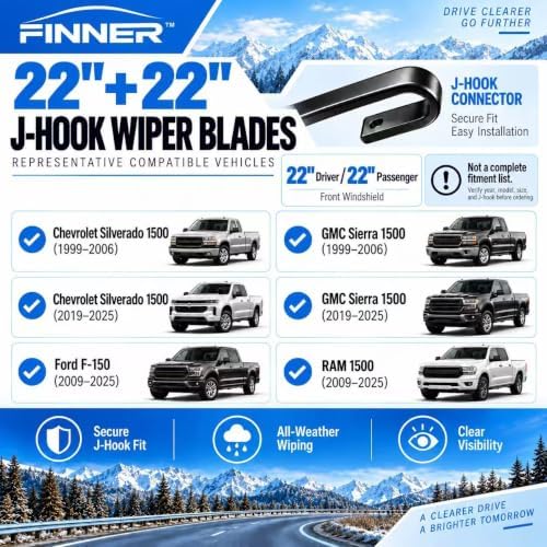 FINNER 22"+22"J-Hook Windshield Wipers Fits Ford, GMC, Ram, Chevy & more