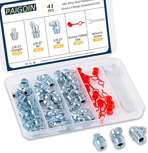 1/8"-27 SAE Grease Fittings - 41PCS Zerk Fittings Kit with Caps and Wrench Straight 45 90 Degree Angled Grease Nipples