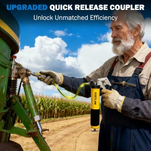 KRETLAW Grease Gun, 7000 PSI Heavy Duty Professional Pistol Grip Grease Gun Kit 14 OZ with Coupler, Double Grease Injector Needles, 18" & 2pc 12" Flex Hoses and Reinforced Glove, Yellow