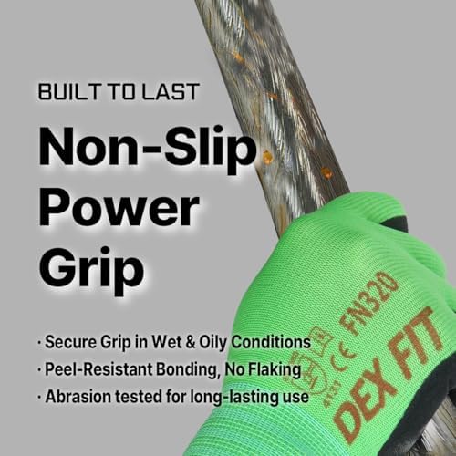 DEX FIT Premium Nylon Nitrile Work Gloves FN320, 3 Pairs, 3D-Comfort Stretchy Fit, Firm Grip, Thin & Lightweight, Durable, Breathable & Cool, Machine Washable; Green 6 (XS)