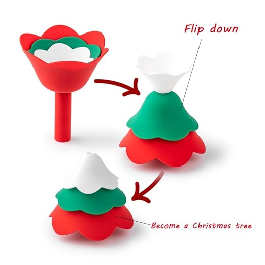 Silicone Flower Kitchen Funnel Set, Red and Green, Collapsible Christmas Tree Design, 3-Piece for Liquid Transfer and Bottle Filling