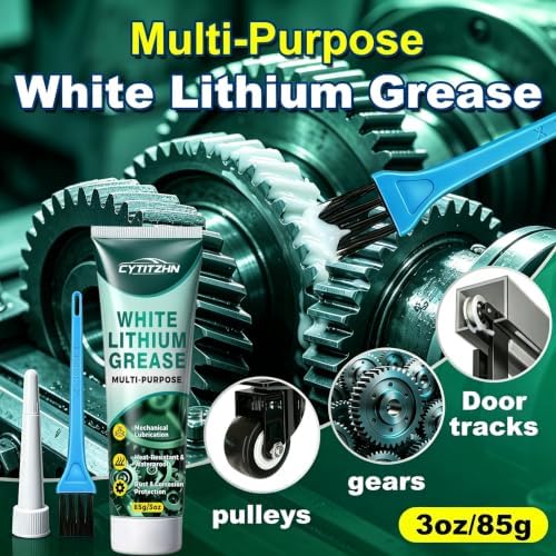 White Lithium Grease with Brush, Multi‑Purpose Waterproof Anti‑Rust Lubricant for Hinges, Bearings, Gears, Track Rail, Garage Door, Long‑Lasting, Automotive, Marine, Industrial & Household, 3oz/85g