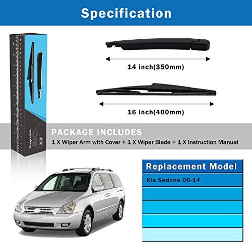 WTI Rear Wiper Arm Blade Set Compatible With Kia Sedona 2006-2014 minivan Rear Windshield Window Wiper Kits Assembly New Replacement Accessories Parts Fit 988104D001