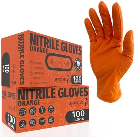 SF UltraDuty Orange Diamond Nitrile Gloves 10 Mil – 100 Heavy Duty Latex Free Powder Free Gloves