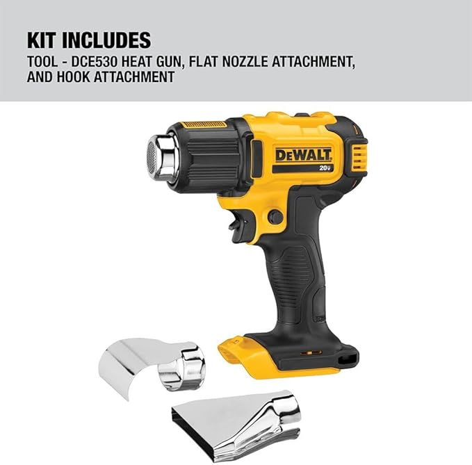 DEWALT 20V MAX Heat Gun, Cordless, Up to 990 Degrees, 42 Minutes of Run Time, LED Light, Heatgun with Flat and Hook Nozzle Attachments,Tool Only (DCE530B)