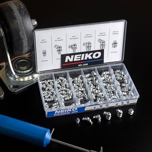 NEIKO 50466A Grease Fitting Assortment, 110 Piece, Metric, Straight & Angled Zerk Grease Fittings Kit, Zinc Plated A3 Steel, for Angled Grease Guns, Mechanical Component Lubrication, M6-1 and M10-1.5