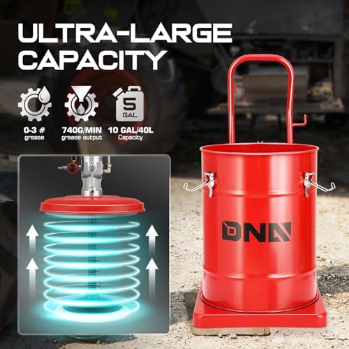 DNA Motoring 10 Gallon Air Grease Pump, 40L High-Pressure Grease Pump Set, Portable Pneumatic Grease Pump with Wheels, w/ 13ft High Pressure Hose, Grease Gun, TOOLS-00662