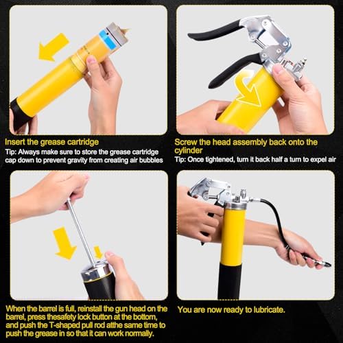 Grease Gun Kit, 7000 PSI Heavy Duty Pistol Grip Grease Gun with 14 oz Capacity, Includes 18 Inch Resin Flex Hose, Double Handle Grease Coupler and Other Accessories, Grease Gun for Automotive, Marine