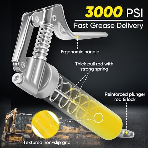KRETLAW Mini Grease Gun (3000PSI) with Double 3oz Cartridge Grease and 12'' Flex Hose, Reinforced Coupler for Automotive, Yellow
