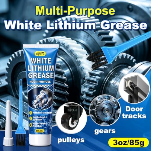 White Lithium Grease, Built-in Brush for Squeaky Hinges with Anti-Seize & Waterproof Lubricant, Stuck Gears, Garage Door Rollers & Track Rails, Works for Cars, Boats, Machinery & Home, 3oz Tube